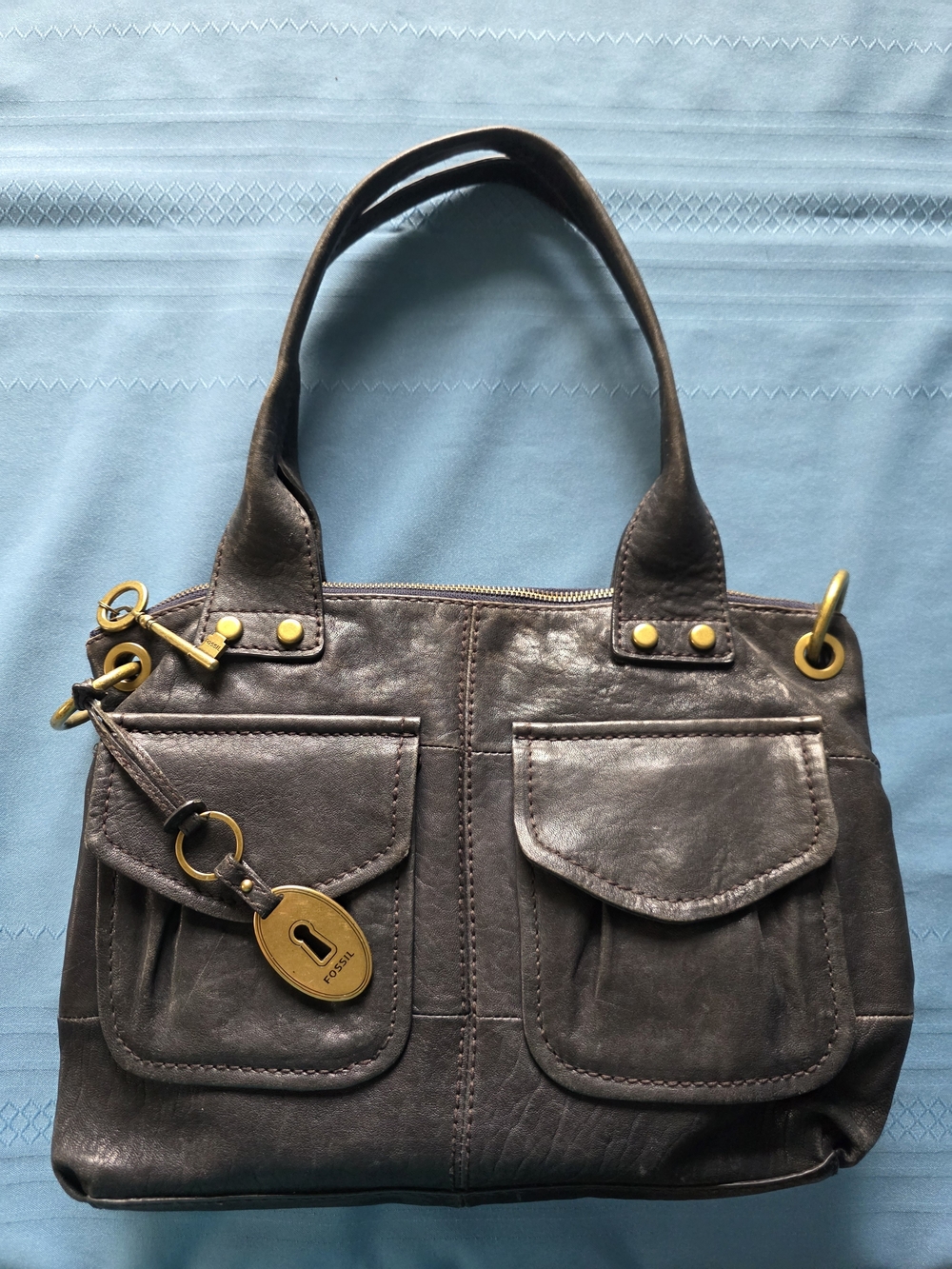 Fossil Long Live Vintage Black Pewter Metallic Leather Cargo Satchel Bag Y2K